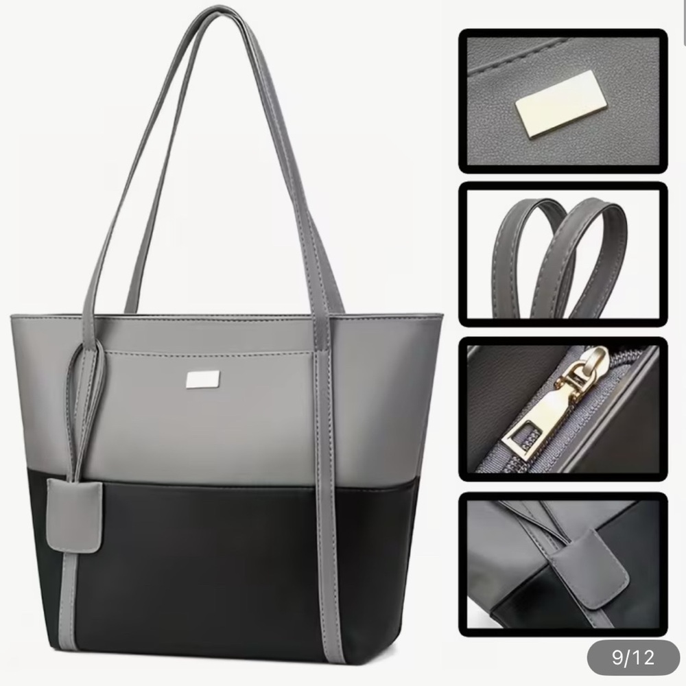 Two-Tone Gray & Black Structured Tote Bag with Pocket NIP - Picture 4 of 14
